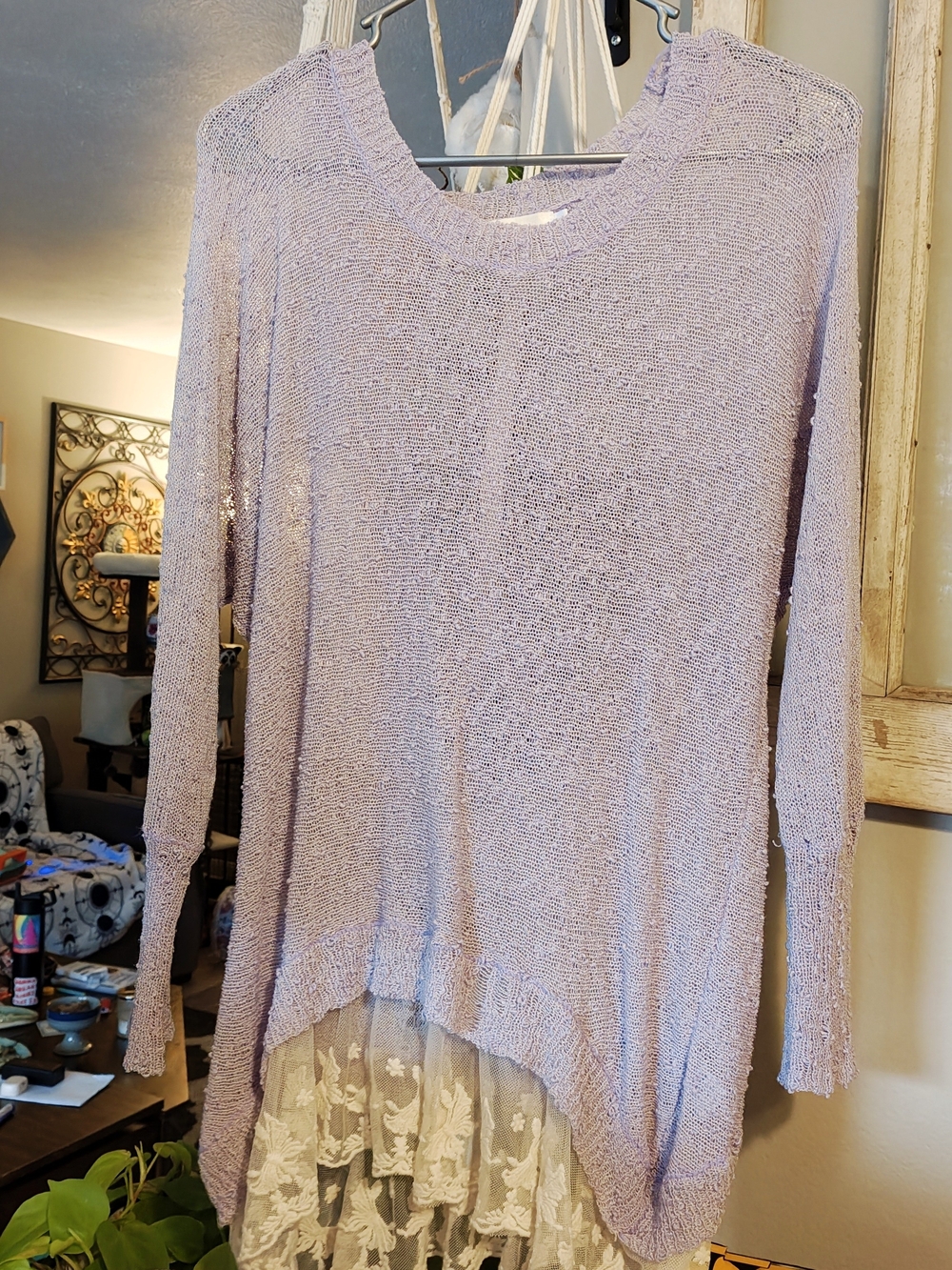 Millau Soft Lavender Hi-Low Knit Tunic with Lace Hem